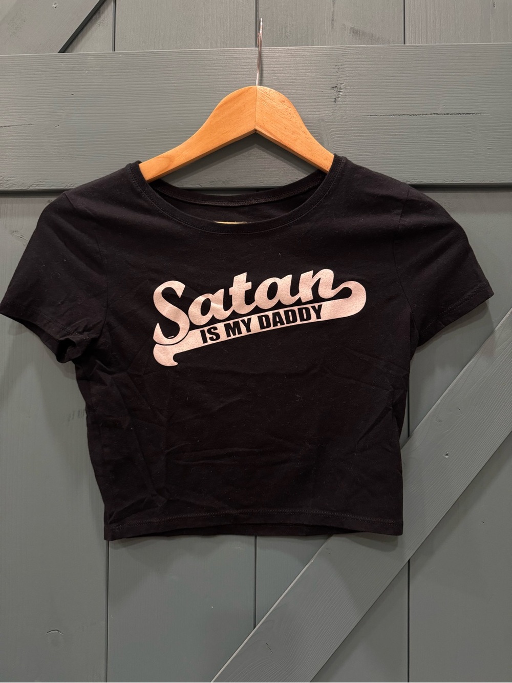 Black Graphic Crop Tee with Pink Script Logo